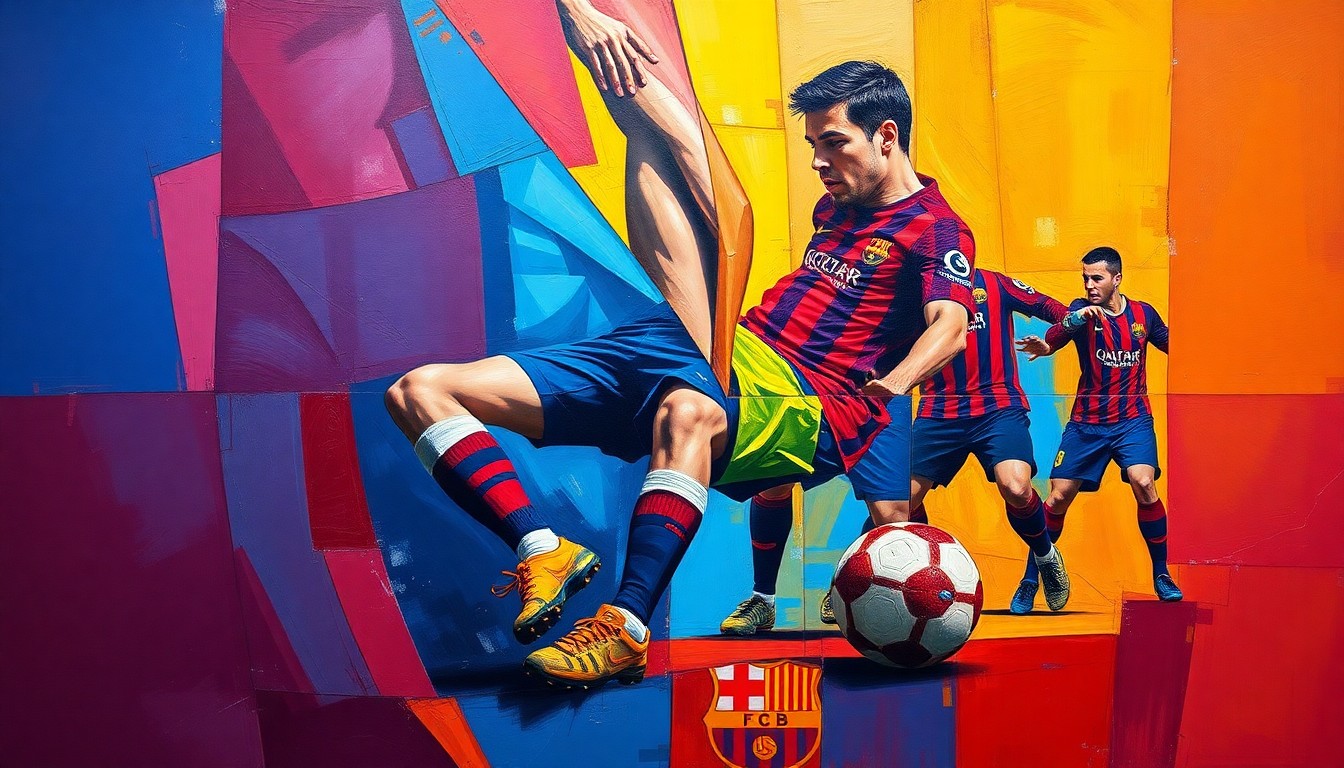 A cubist-style painting depicting a Barcelona soccer player's injured leg and the team's defensive formation broken down into sharp, overlapping geometric shapes in vibrant colors, conceptually representing the club's injury woes and the need for a strategic approach to player welfare.