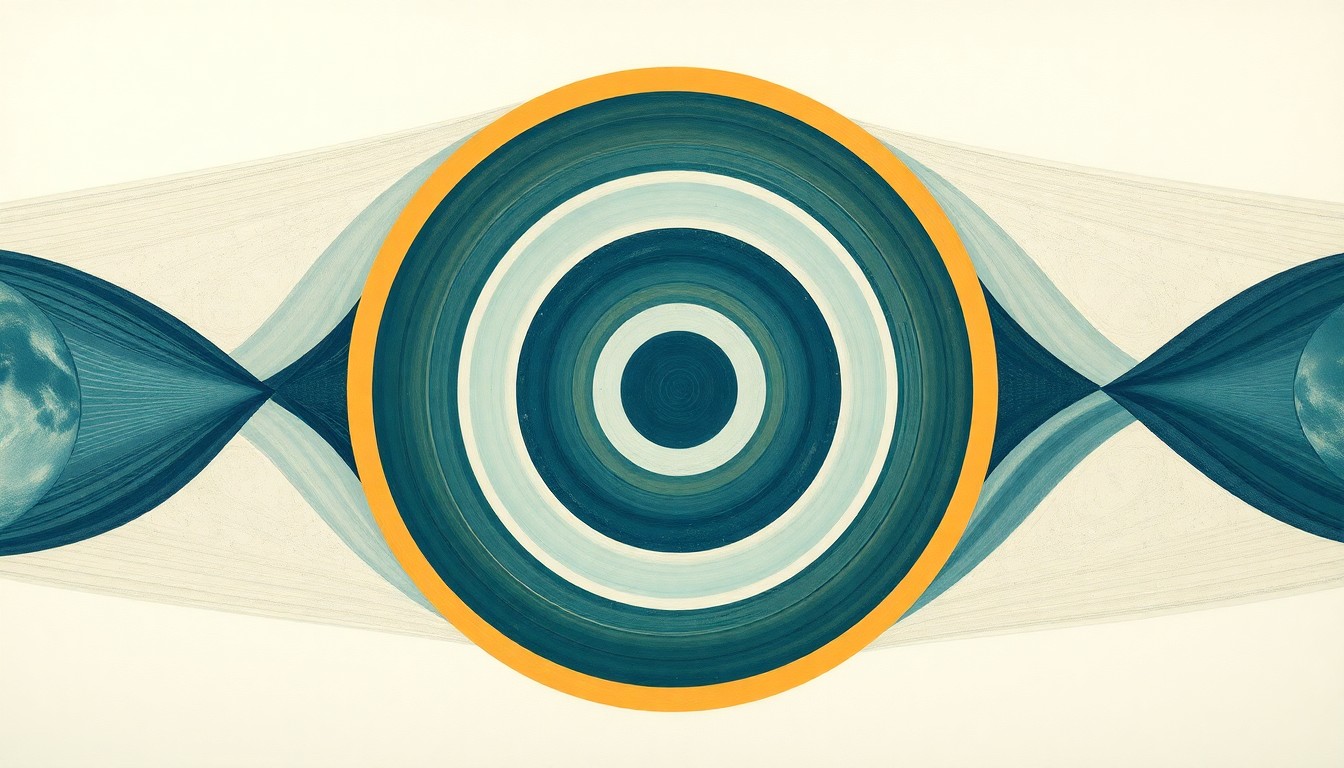 A highly structured abstract painting in muted tones of blue, green, and ochre, featuring sweeping geometric arcs, concentric circles, and precise botanical spirals, conceptually representing the complex genetic mechanisms that allow fish to adapt to shifting marine environments.