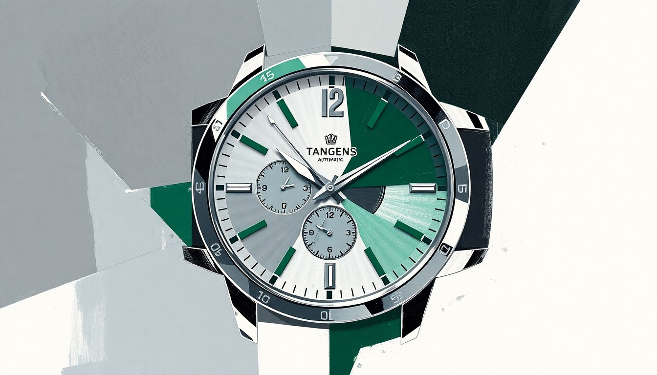 A cubist-style painting depicting the Tangens Komposition Automatic watch broken down into sharp, overlapping geometric planes in shades of grey, green, and white, capturing the watch's unique design and mechanical essence.
