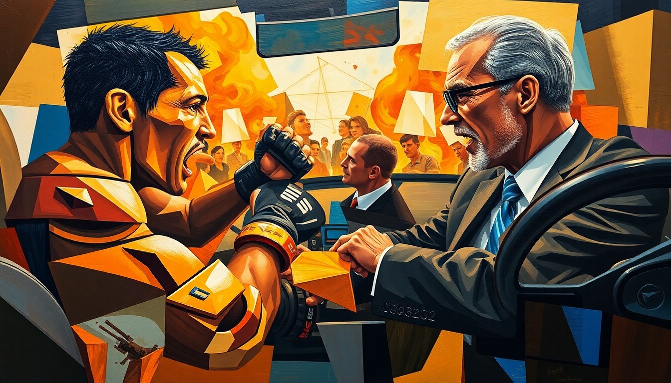A cubist, multi-perspective painting featuring sharp, overlapping geometric shapes in vibrant colors, conceptually representing the tension and confrontation of a road rage incident involving a professional fighter.