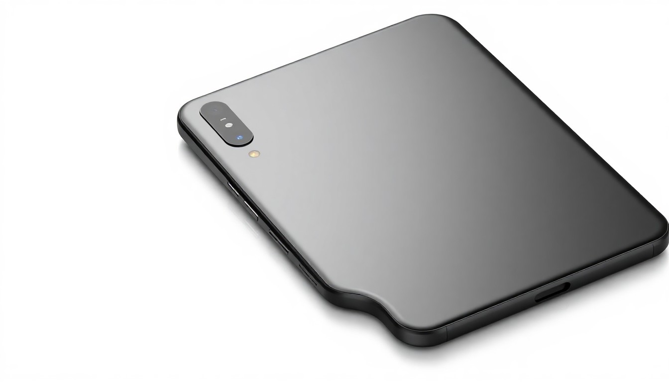 An extreme close-up of a sleek, minimalist foldable phone with a large, edge-to-edge display and clean, geometric lines, conveying the premium design and focus on maximizing the screen real estate.