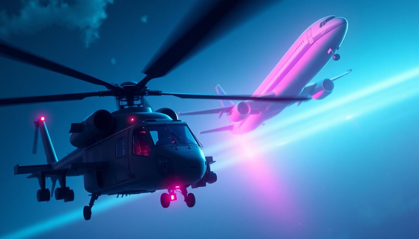 A highly detailed, glowing 3D illustration of a military helicopter and a commercial airliner in close proximity, with neon cyan and magenta lights illuminating the aircraft and the surrounding airspace, conceptually representing the close call between the two aircraft.