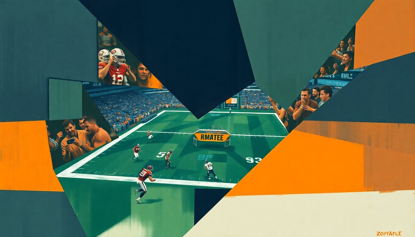 A cubist, geometric painting depicting fragmented, overlapping shapes and planes in muted tones of navy, green, and orange, conceptually representing the intricate strategy behind the Cowboys' potential draft day trades.