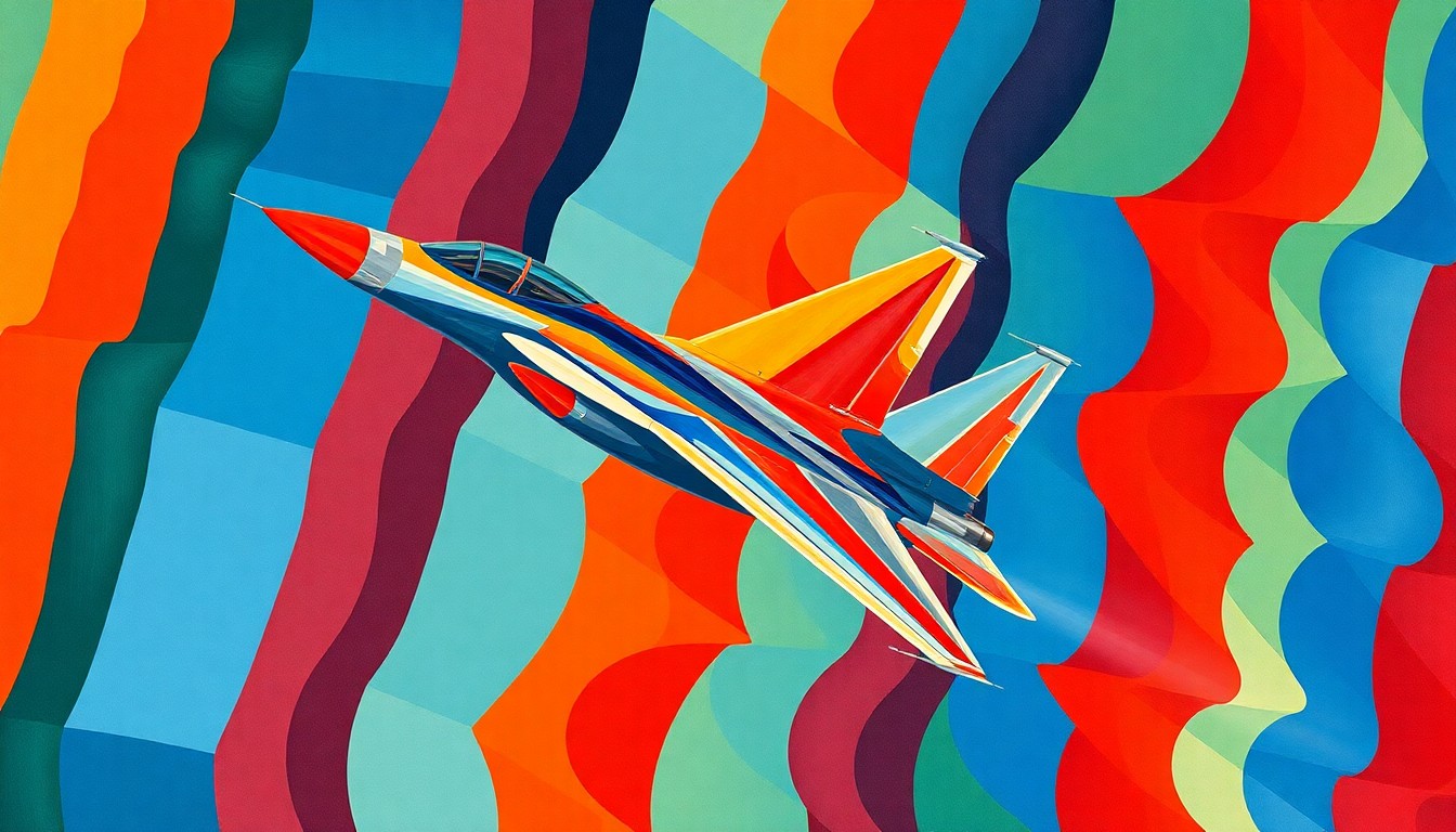 A dynamic, abstract painting of a fighter jet in motion, with overlapping, fragmented shapes and vibrant colors, conveying the sense of a high-stakes aerial battle.