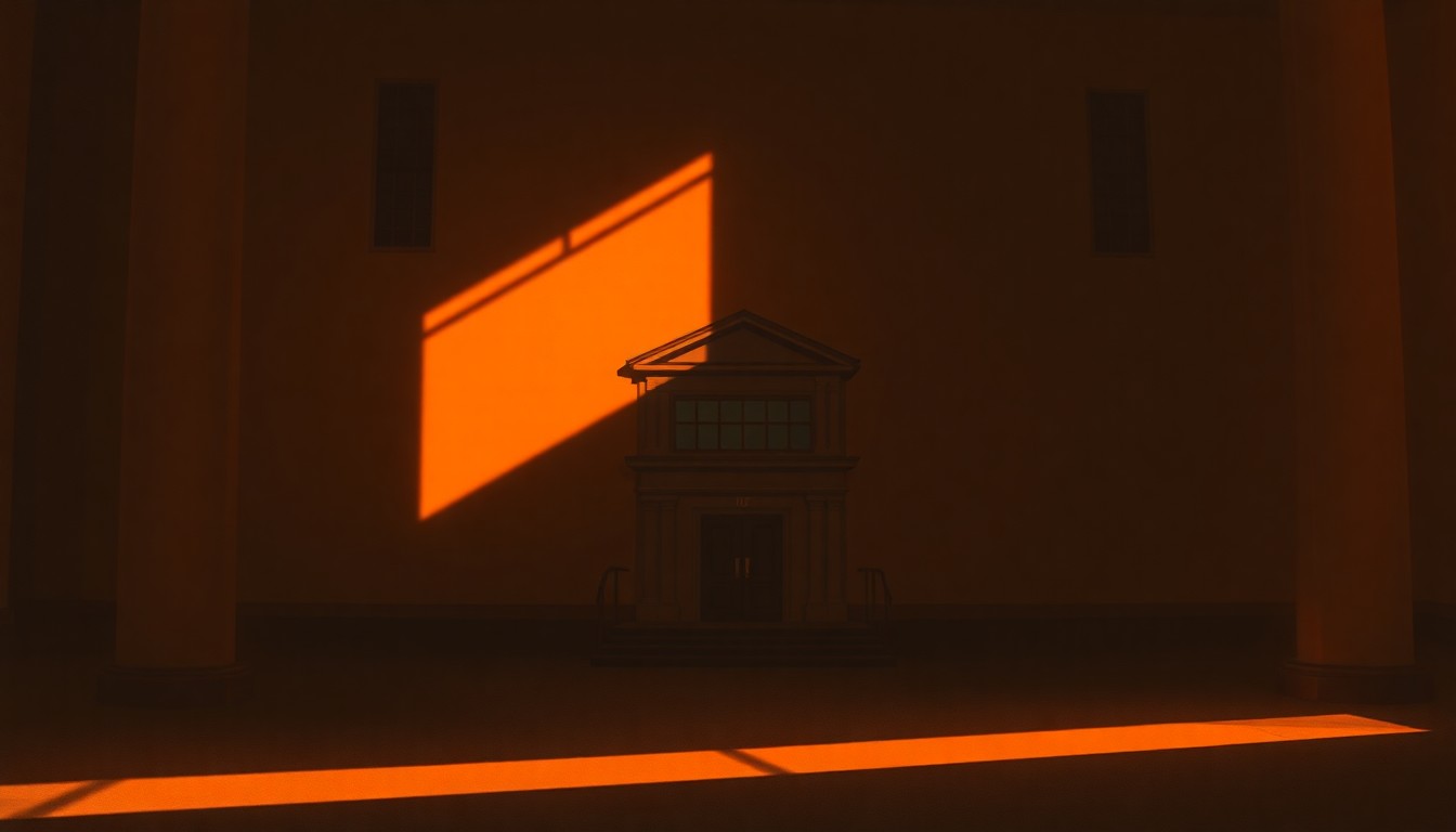 A serene, photorealistic painting of a government office building or administrative center, with warm sunlight streaming through the windows and deep shadows casting a pensive mood over the scene. The image conveys a sense of contemplation and introspection, reflecting the complex challenges Canada faces in managing its population dynamics.