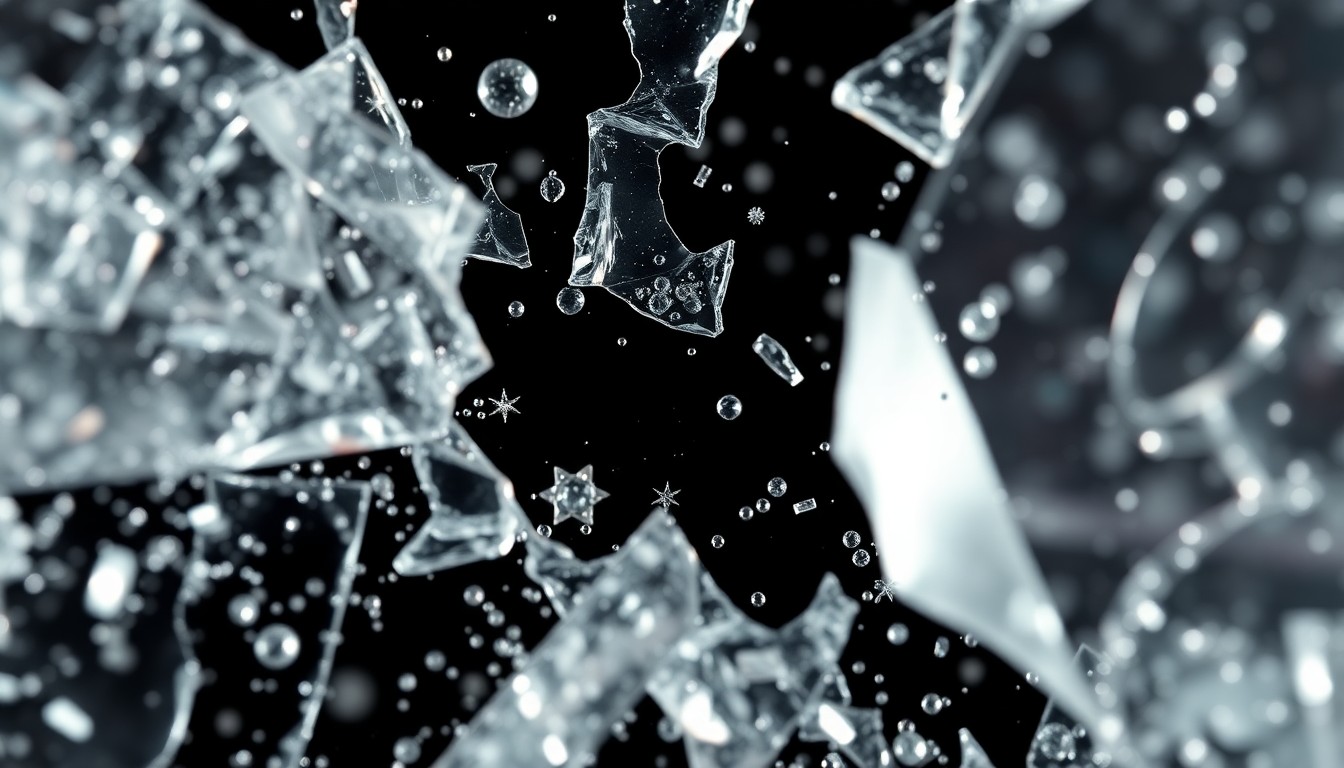 An abstract close-up image featuring shattered glass and sparkling sequins, captured in dramatic studio lighting to evoke the high-stakes, glamorous world of the 'Big Mistakes' TV series.