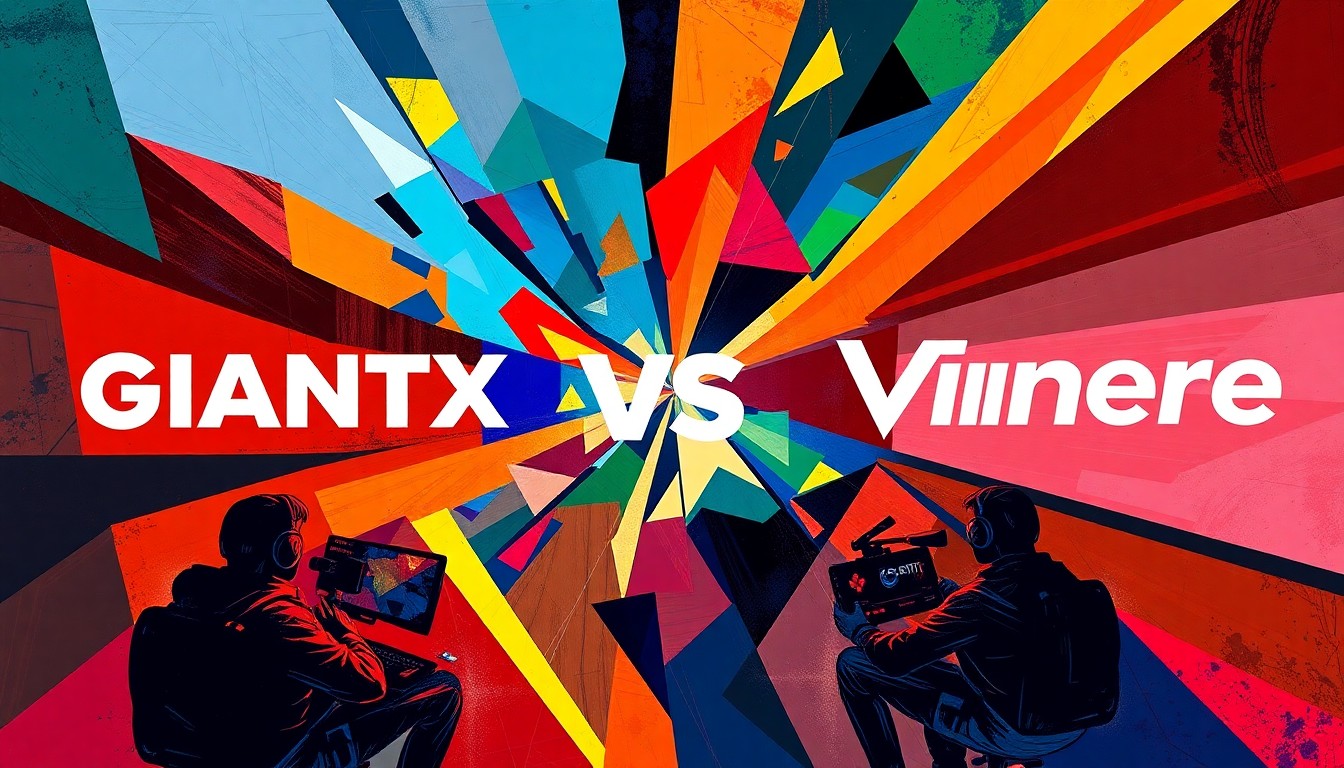 A cubist-style painting depicting an esports match between GIANTX and Vincere, with the players and action broken down into sharp, overlapping geometric shapes and planes in vibrant team colors.