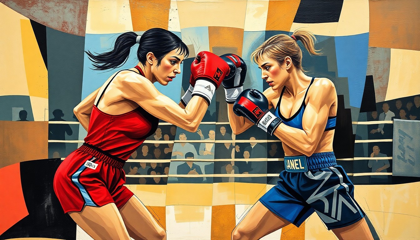 A cubist, geometric painting depicting the boxing match between Chantelle Cameron and Michaela Kotaskova, with the fighters' movements and the energy of the bout captured through Picasso's signature style of overlapping planes and fragmented perspectives.