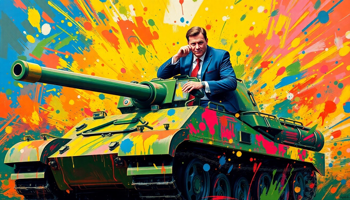 An extreme close-up of a tank's cannon, with vibrant neon paint splatters and brushstrokes capturing the raw energy and spectacle of the moment, conceptually representing the blending of sports, politics, and showmanship.