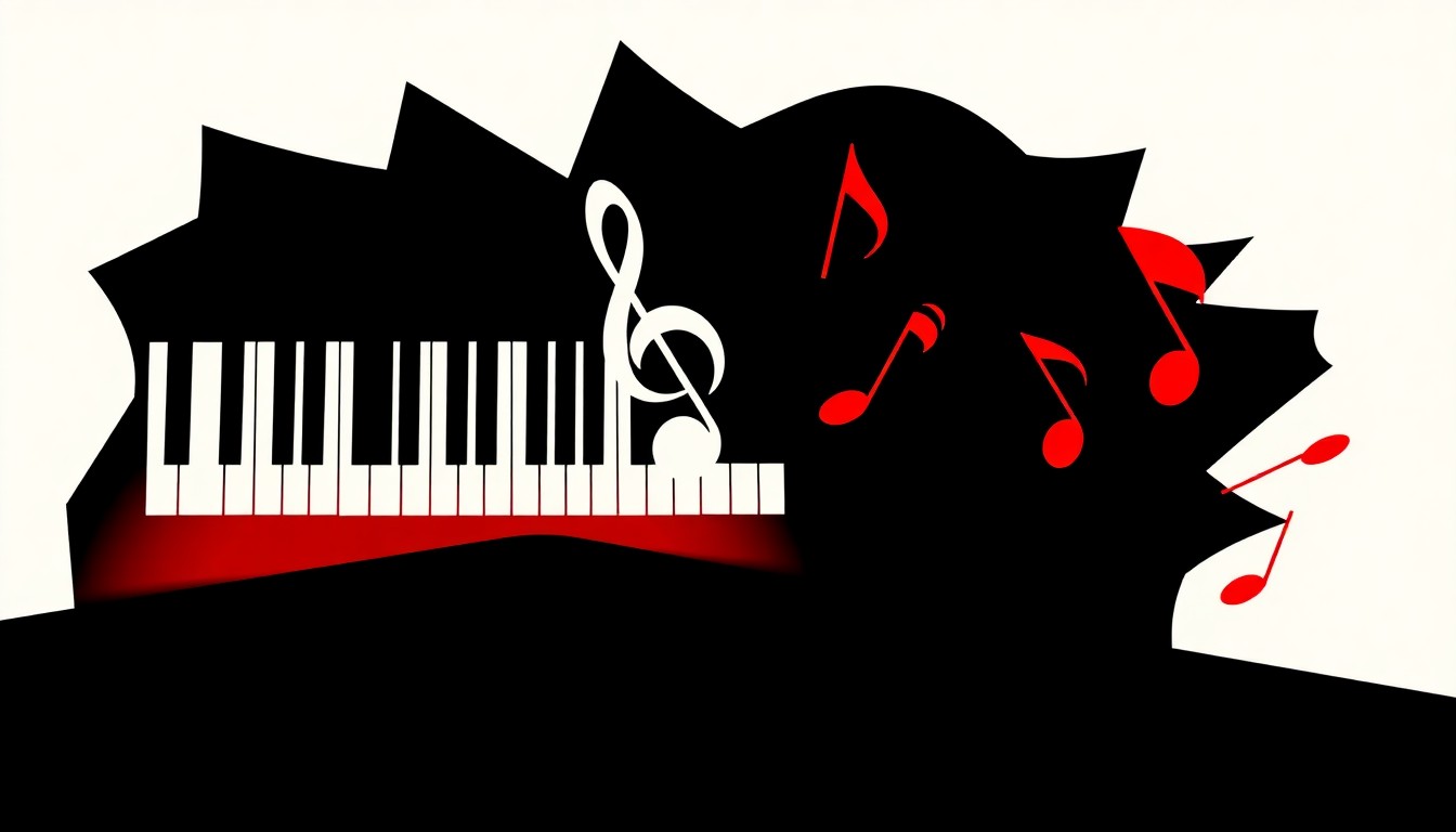 An abstract, minimalist illustration featuring jagged, geometric shapes in bold red and white, representing a piano keyboard and musical notes, symbolizing the transformative power of music to uplift and empower.