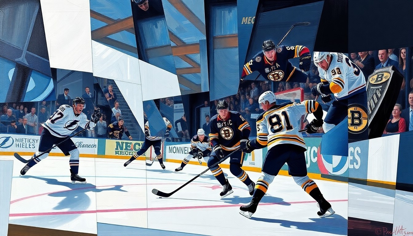 A cubist-style painting depicting a hockey game between the Tampa Bay Lightning and Boston Bruins, with the players' movements and the intensity of the game captured through sharp, overlapping geometric planes in a dynamic and visually striking illustration.