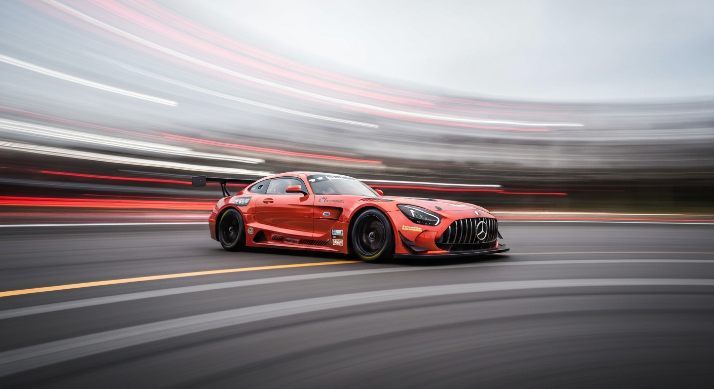 An abstract, colorful blur of a Mercedes-AMG GT3 race car, conveying the dynamic motion and energy of the qualifying session at Circuit Paul Ricard.