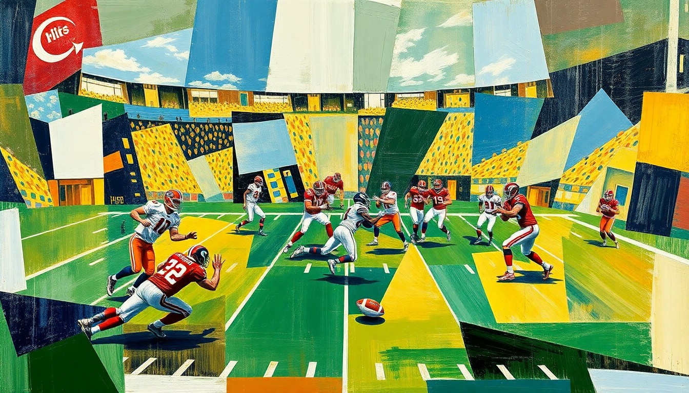 A cubist, geometric painting depicting a football game, with players and the field broken down into abstract shapes and planes of color, reflecting the divisive nature of the Bengals' coaching decision.