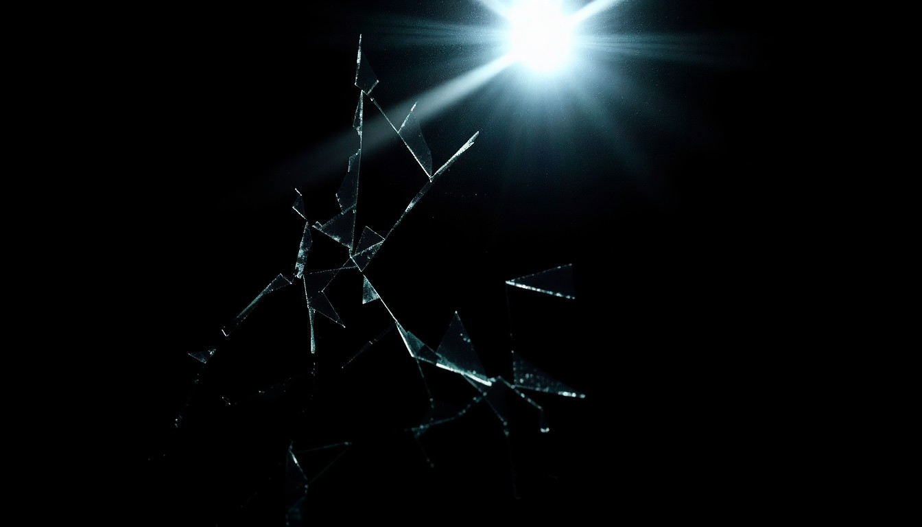 An extreme close-up photograph of shattered car window glass, capturing the dramatic and gritty aftermath of the ICE-involved shooting in Patterson.