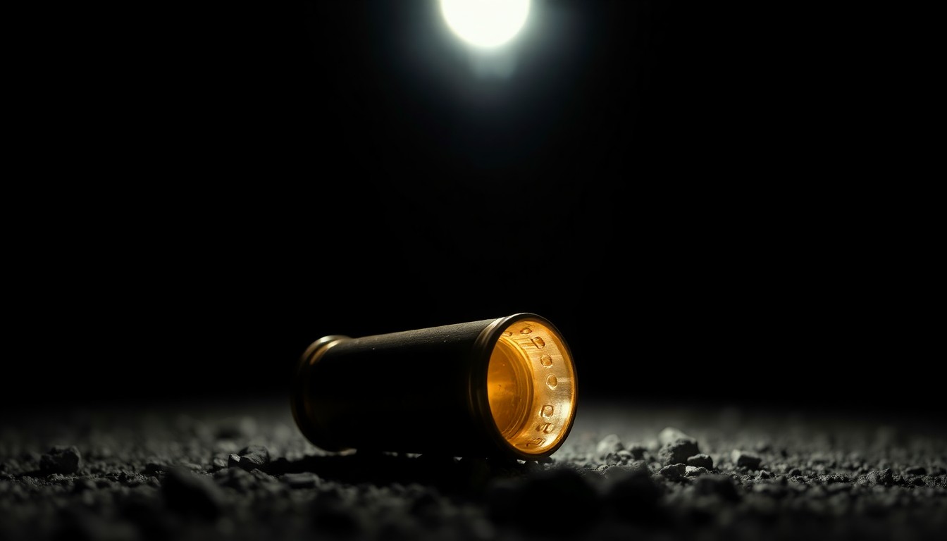 An extreme close-up of a spent shell casing on the ground, lit by a harsh, direct camera flash against a pitch-black background, conceptually illustrating the aftermath of a shooting incident.