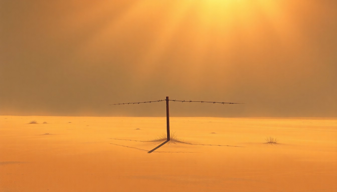 A serene, painterly depiction of a lone barbed wire fence post standing in the middle of a vast, sun-drenched West Texas landscape, conveying a sense of isolation and the quiet resistance of the local community against the imposing border wall.