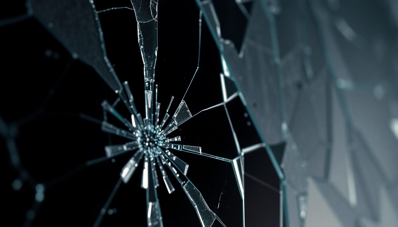 An abstract close-up image of shattered glass or cracked mirror textures, captured in dramatic high-contrast studio lighting to convey the fragility and tension between public and private life.