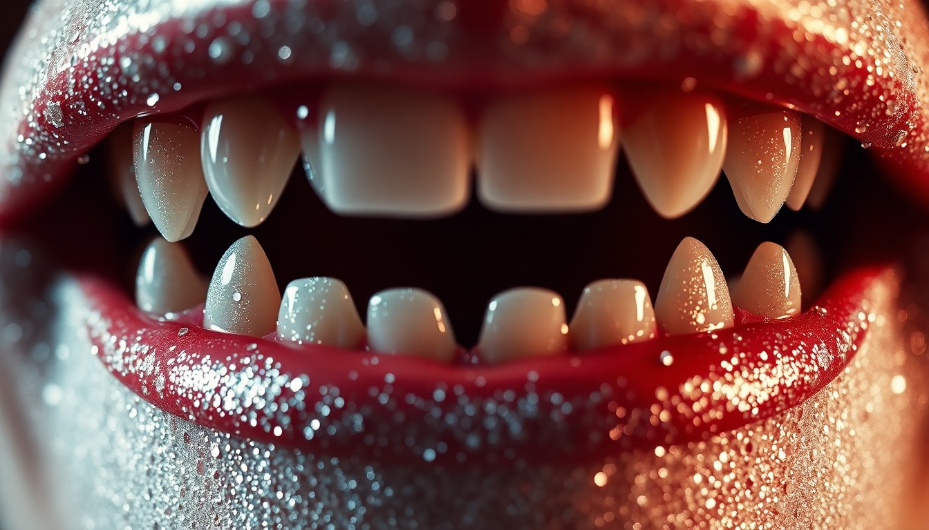 An extreme close-up of shimmering, glittering vampire fangs against a dramatic, high-contrast studio lighting backdrop, conceptually representing the glamour and existential dread of an eternal marriage.