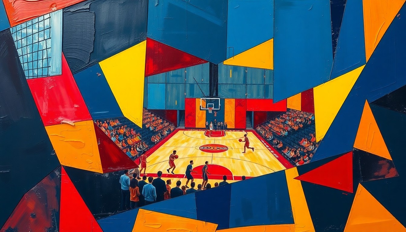 A cubist, geometric painting depicting a high school basketball game, with the players and court broken down into sharp, overlapping planes of vibrant colors.