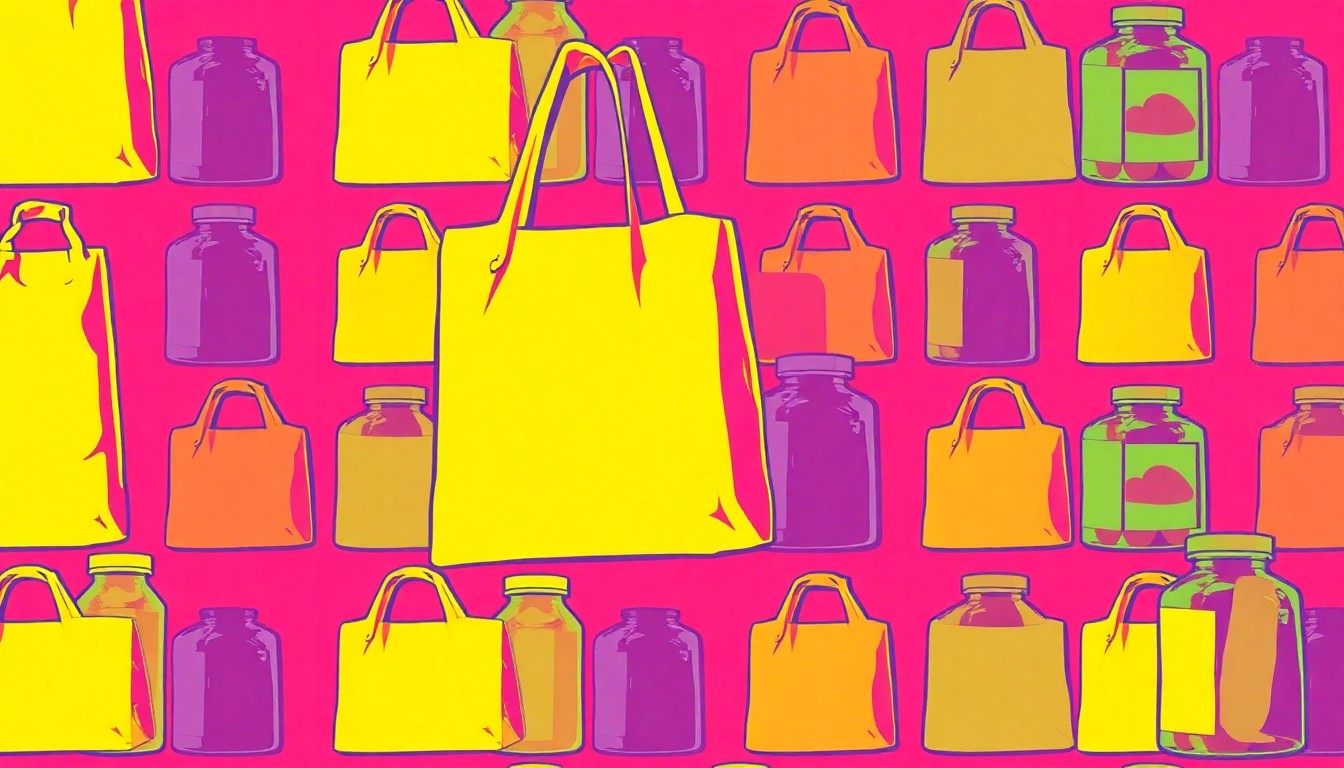 A brightly colored, high-contrast silkscreen print of various organic grocery items like produce, herbs, and supplements, repeated in a tight grid pattern to capture the celebratory energy of a community-focused retail milestone.