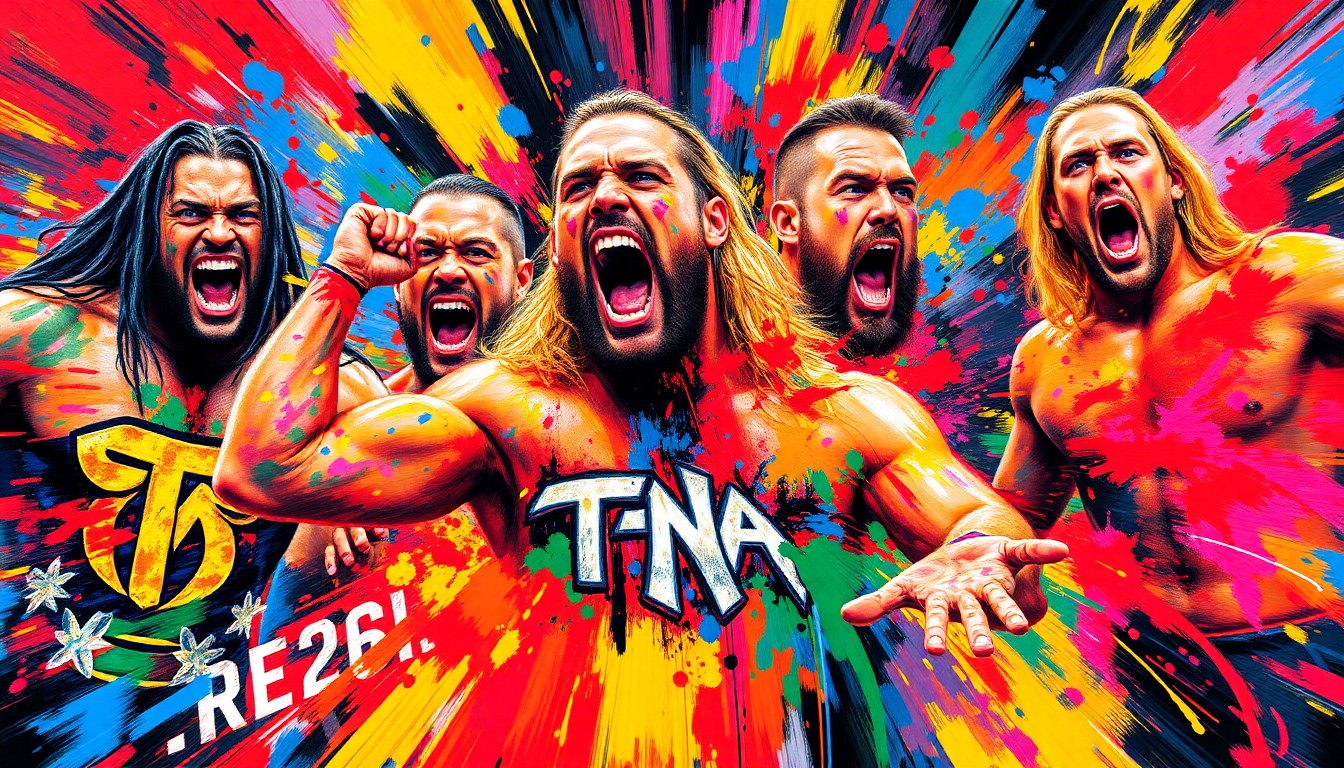 An explosive, expressionist painting in vibrant neon colors capturing the raw energy and dramatic moments of the TNA Rebellion 2026 event, with wrestlers' faces and logos dissolving into unrecognizable splatters of color.
