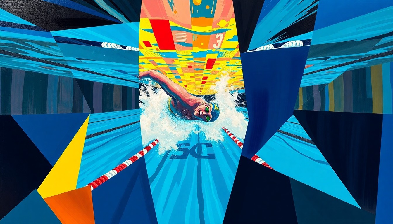 A fractured, multi-perspective painting in vibrant colors and dynamic shapes, depicting the energy and competition of a swimming event without any identifiable individuals or logos.