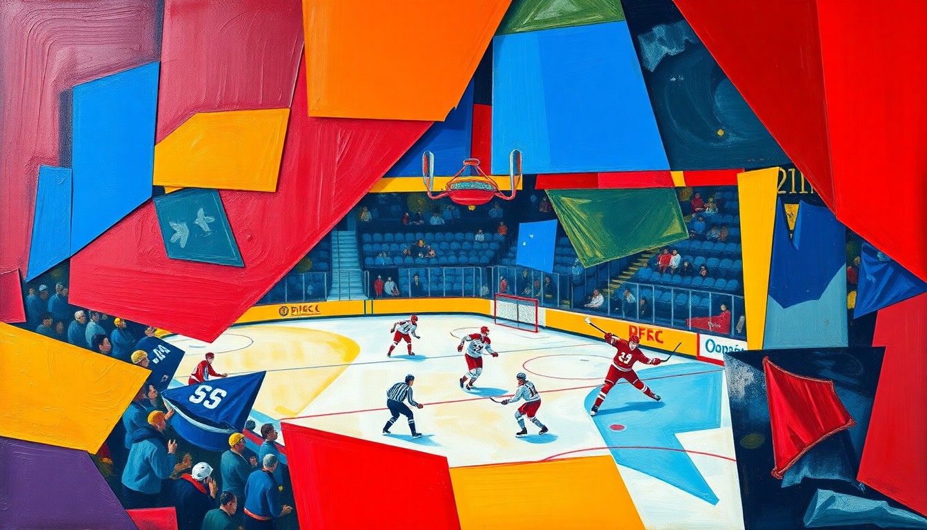A cubist, geometric painting depicting a hockey game or match, with sharp, overlapping planes of vibrant colors like royal blue, crimson red, and golden yellow, capturing the energy and movement of the sport.