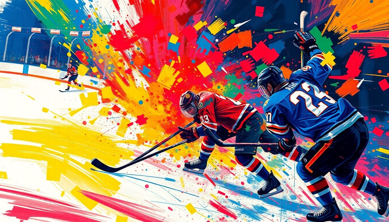 An abstract, expressionist painting in neon colors depicting the chaotic energy of a hockey game, with players' figures blending into the vibrant brushstrokes.