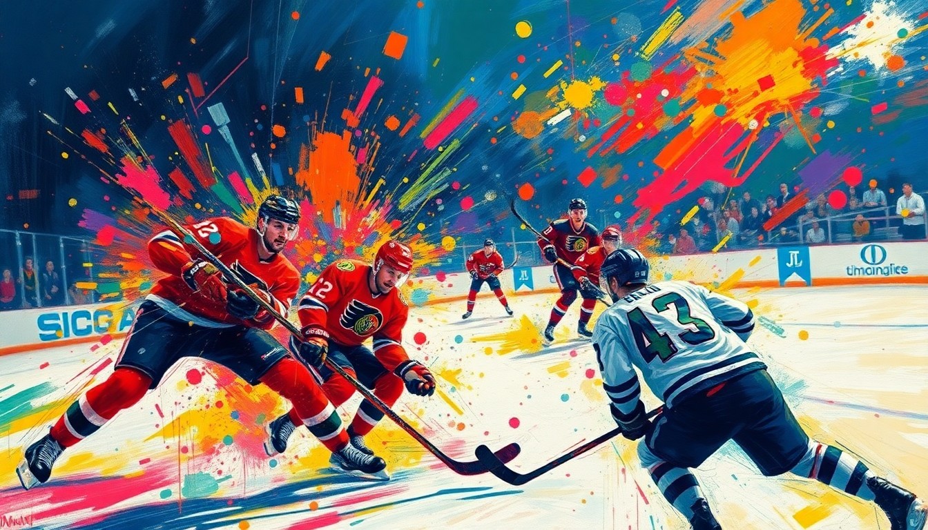 An abstract, expressionist painting in neon colors depicting the intense energy and movement of a hockey overtime period, with players' forms blending into vibrant, gestural brushstrokes.