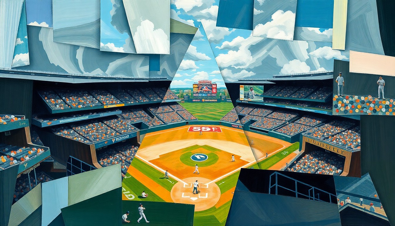 A cubist, geometric painting depicting a fractured, multi-perspective view of a baseball game or match, with sharp, overlapping planes of color and form representing the sport's action and intensity.