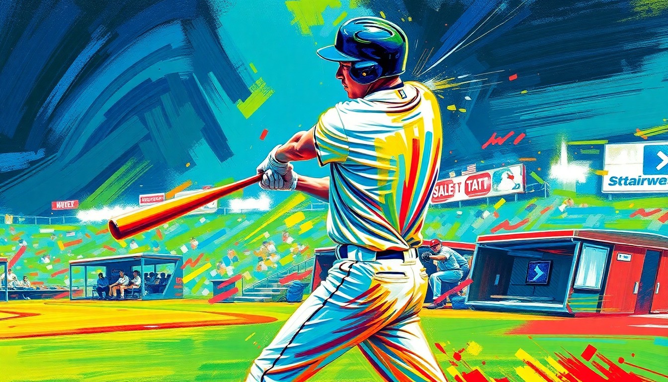 An abstract, energetic painting in bright neon colors, capturing the explosive power and dynamic motion of a baseball player mid-swing.