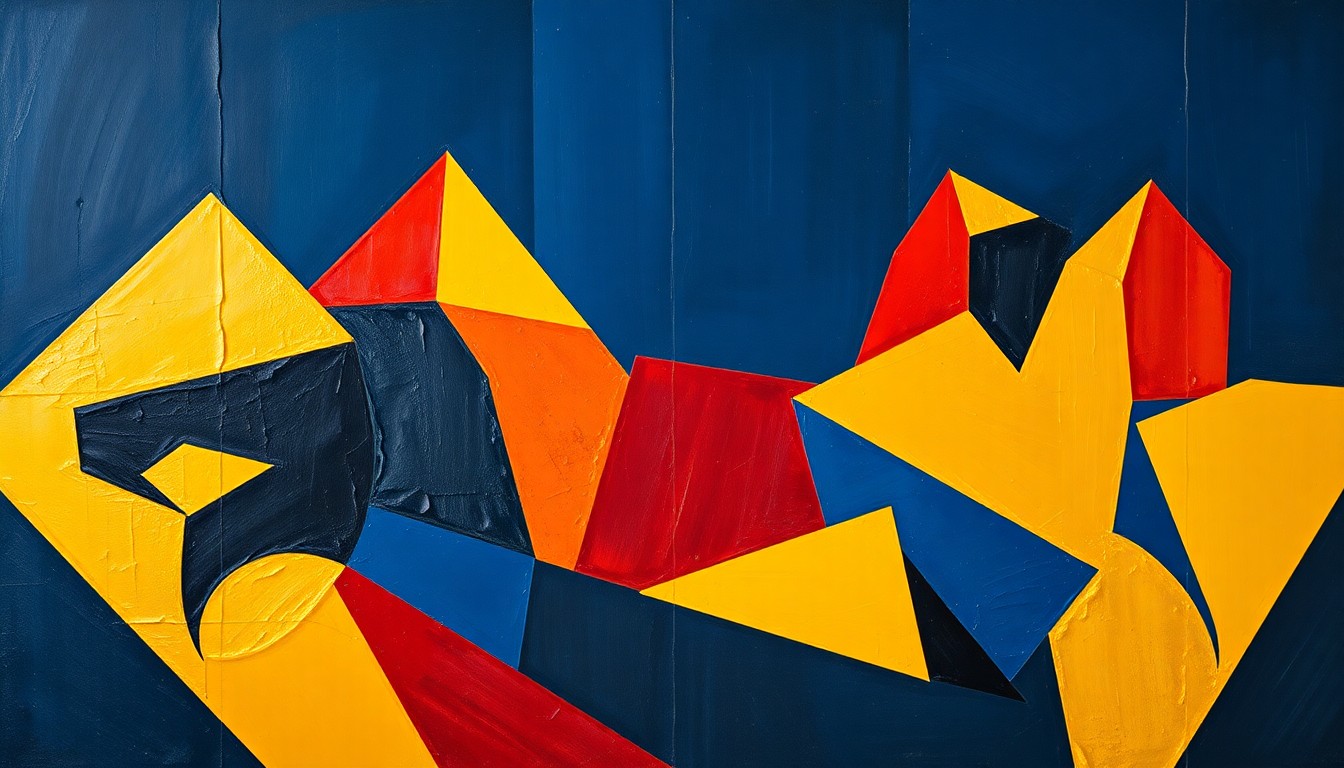 A cubist, geometric painting depicting a fractured, multi-perspective view of a defensive line formation, with sharp, overlapping planes in navy blue, gold, and crimson red, conveying the complexity and uncertainty surrounding the Rams' defensive front.