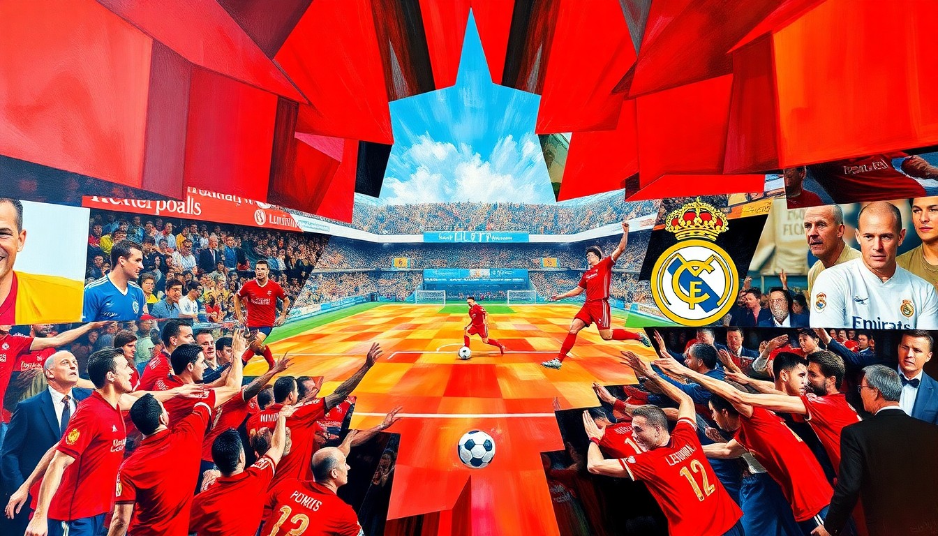 A cubist, geometric painting depicting a football match between Liverpool and Real Madrid, with the players and ball broken down into sharp, overlapping planes of color, capturing the dynamic energy and tactical complexity of the potential transfer.