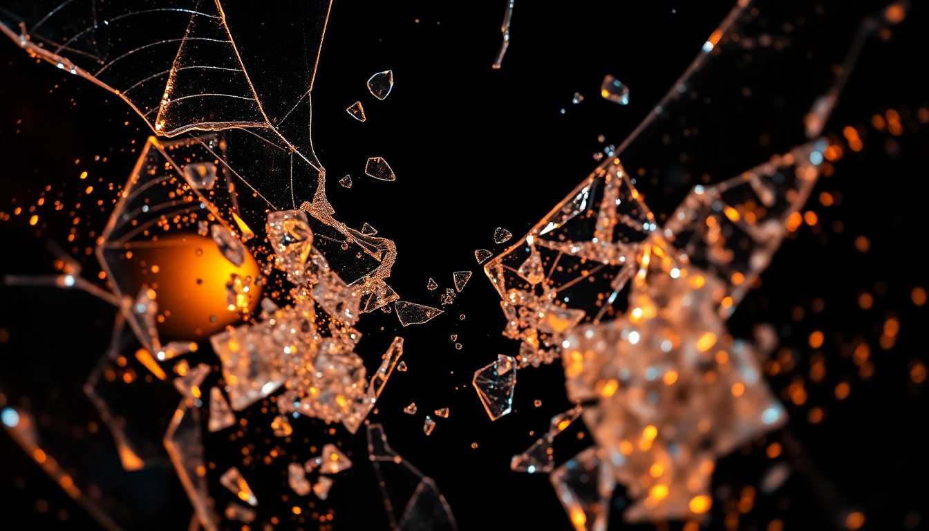 An extreme close-up of shattered glass and glittering sequins, captured in dramatic high-contrast lighting to evoke the glamour and tension of Bollywood celebrity culture.