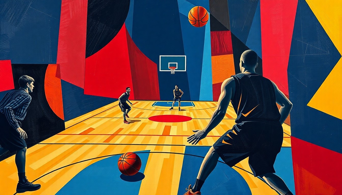 A fractured, cubist-style painting depicting a basketball game, with the players' forms abstracted into sharp, overlapping geometric shapes and planes in a vibrant color palette, capturing the raw energy and movement of the sport.