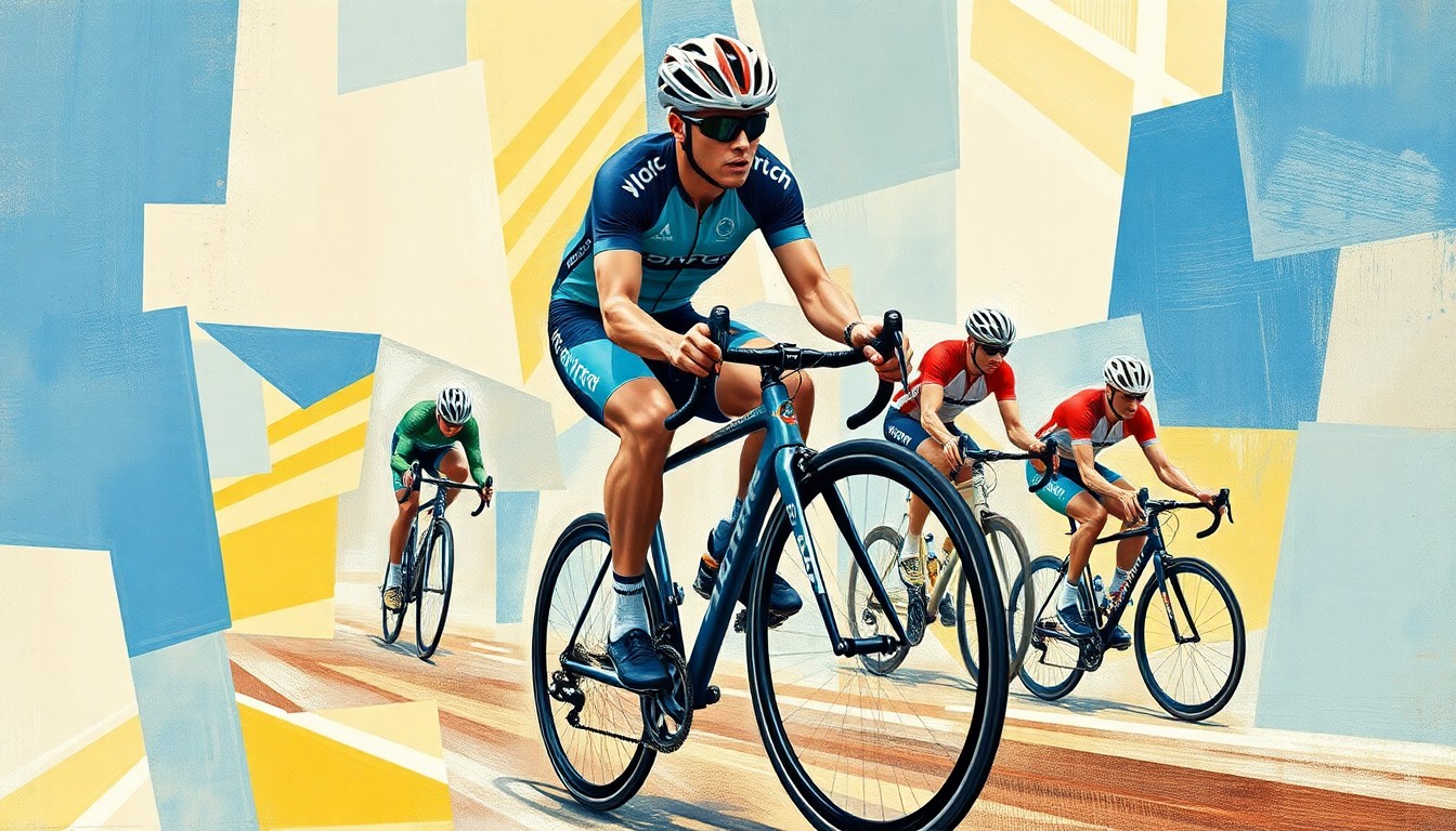 A fragmented, geometric painting depicting the sport of cycling, with sharp, overlapping planes of color and form that capture the essence of the story without literal representation.