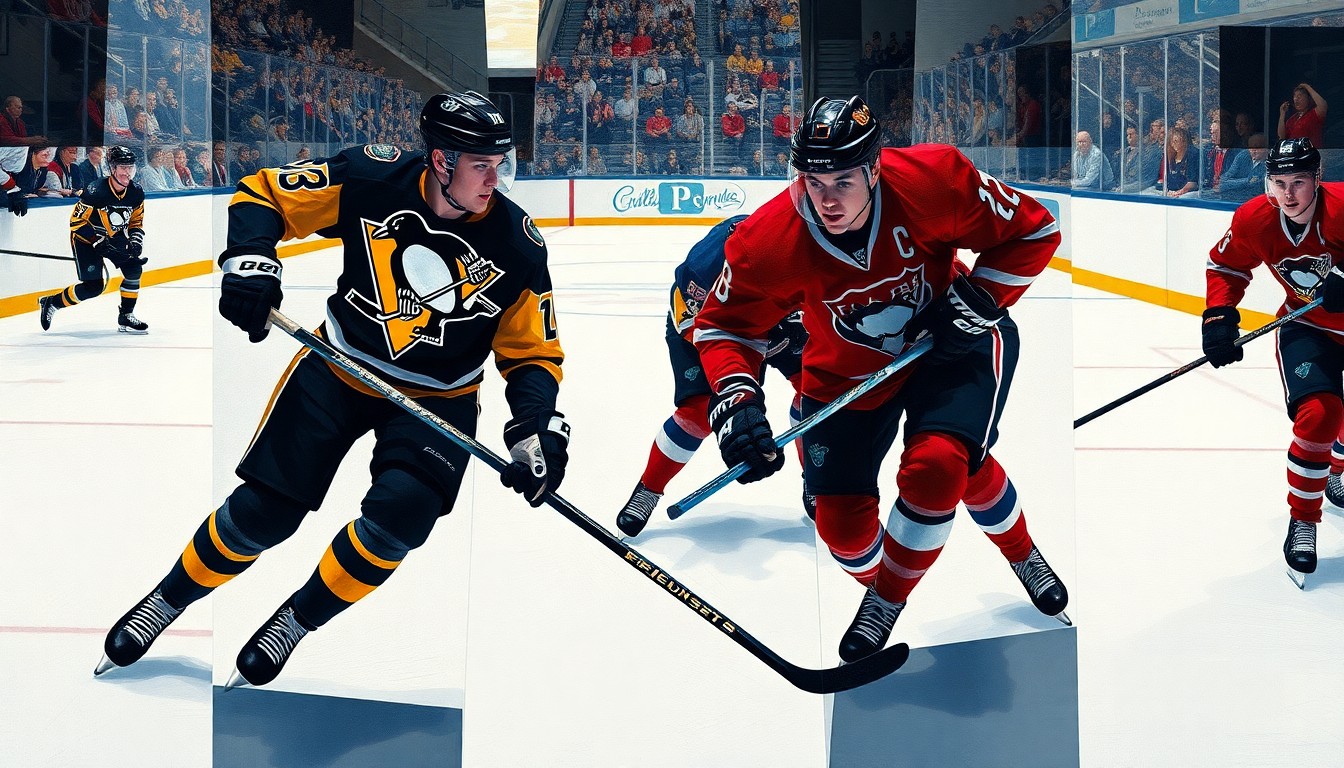 A fractured, multi-perspective painting depicting a hockey game between the Pittsburgh Penguins and Florida Panthers, with the players' movements and the energy of the game captured through sharp, overlapping geometric planes in a cubist style.