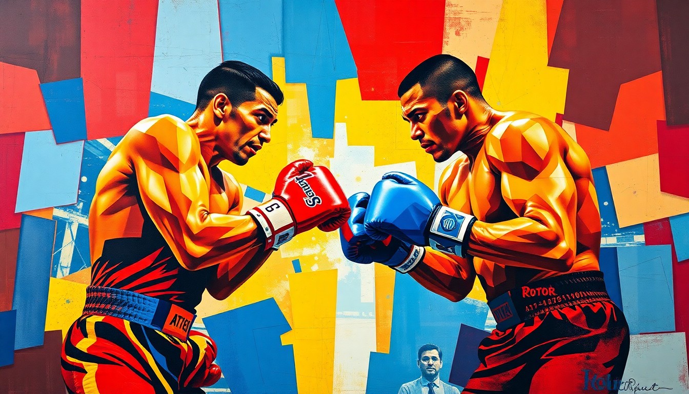 A cubist, geometric painting depicting the boxing match between Vito Mielnicki Jr. and Omar Huerta, with sharp, overlapping planes of vibrant red, blue, and yellow colors capturing the raw energy and intensity of the fight.