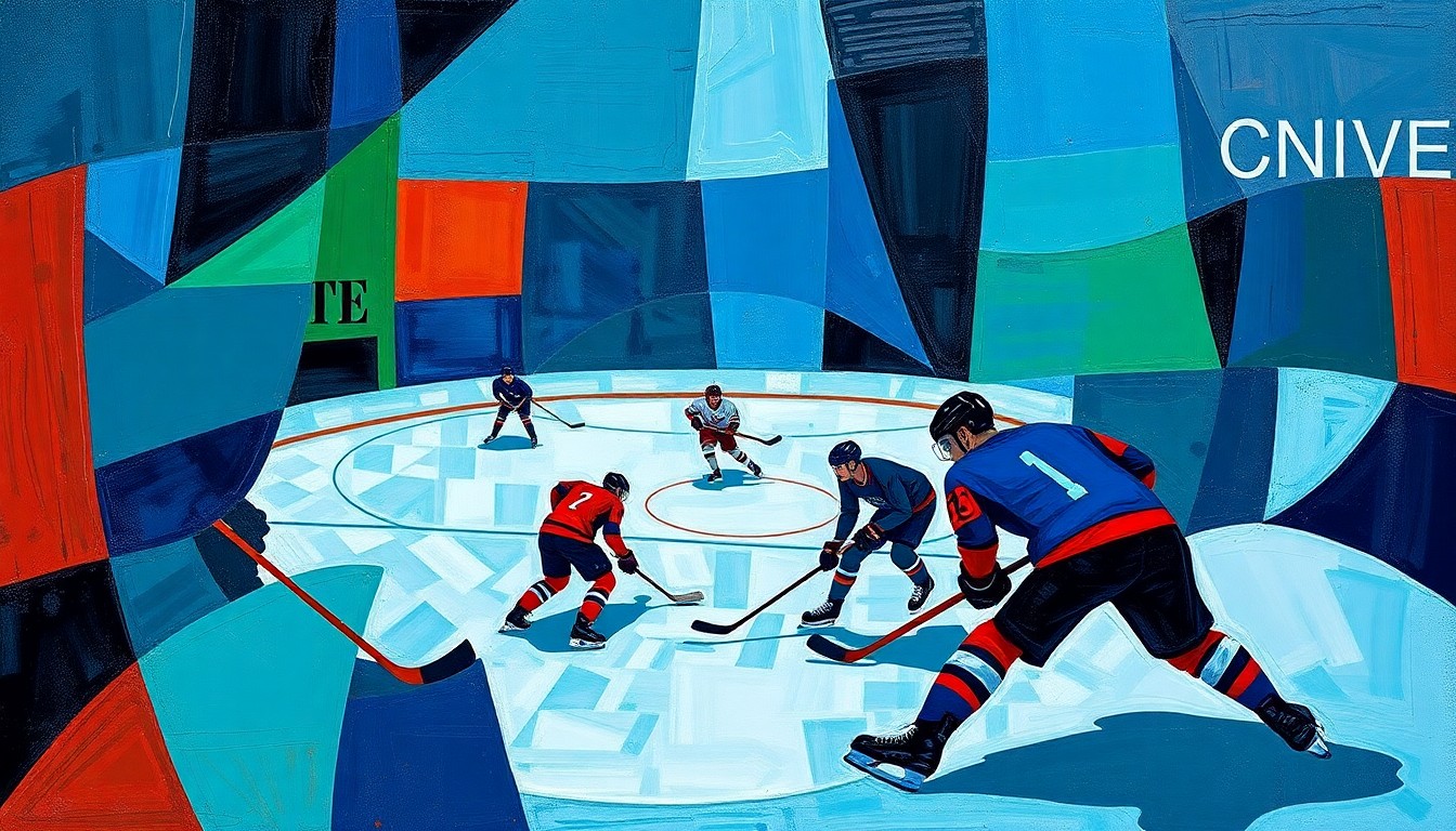 A cubist-style painting depicting a hockey game, with the players' forms broken down into sharp, overlapping geometric shapes in a palette of deep blues, greens, and reds.