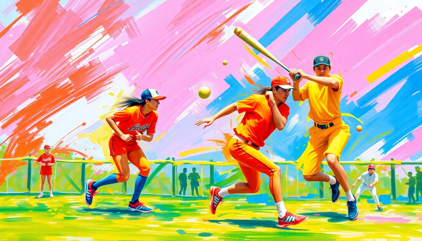 An abstract, energetic painting in bright neon colors, capturing the dynamic motion and competitive spirit of a softball game through expressive, dissolving brushstrokes.