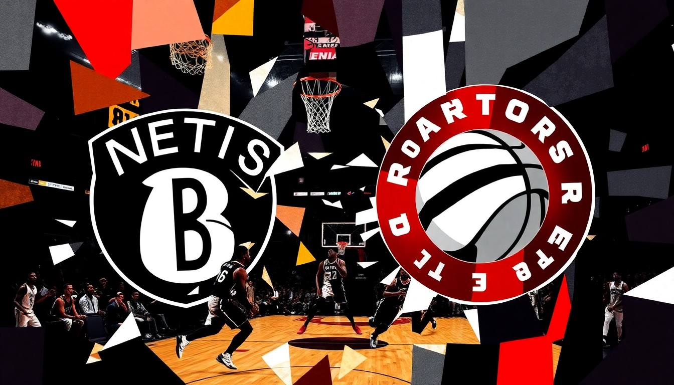 A cubist-style painting featuring overlapping geometric shapes and planes in shades of blue, red, and green, conceptually representing the dynamic energy and competitive spirit of a basketball game between the Brooklyn Nets and Toronto Raptors.