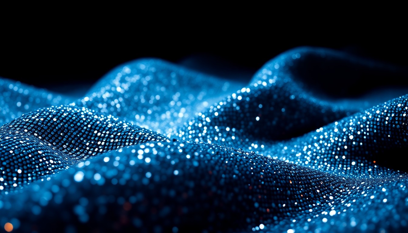 An abstract close-up image of luxurious, glittering fabrics and textures in high-contrast lighting, conveying the opulent and glamorous nature of the Pacific Symphony's upcoming performances.