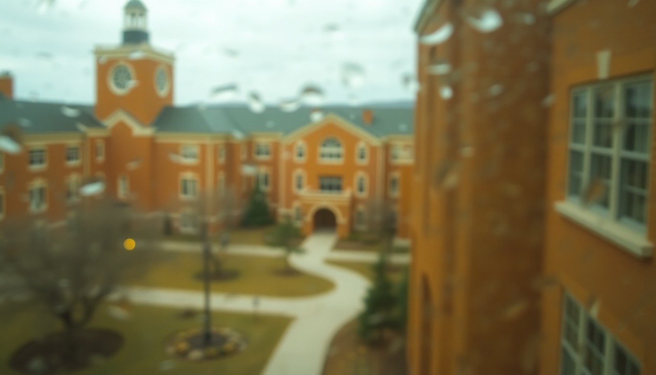 An abstract, impressionistic photograph in soft focus, depicting a blurred, dreamlike scene of a university campus or student housing, with warm, muted tones of amber, ochre, and sage green, conceptually representing the somber mood and emotional impact of the tragic incident.