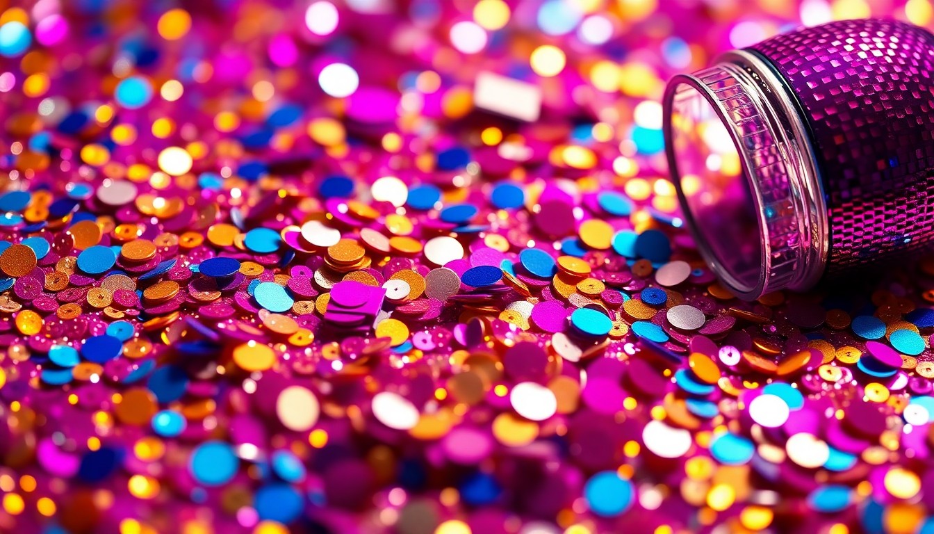 An extreme close-up photograph of shimmering sequins and shards of reflective glass in a kaleidoscope of vibrant fuchsia, gold, and royal blue hues, conceptually representing the glamour and energy of the Coachella music festival.