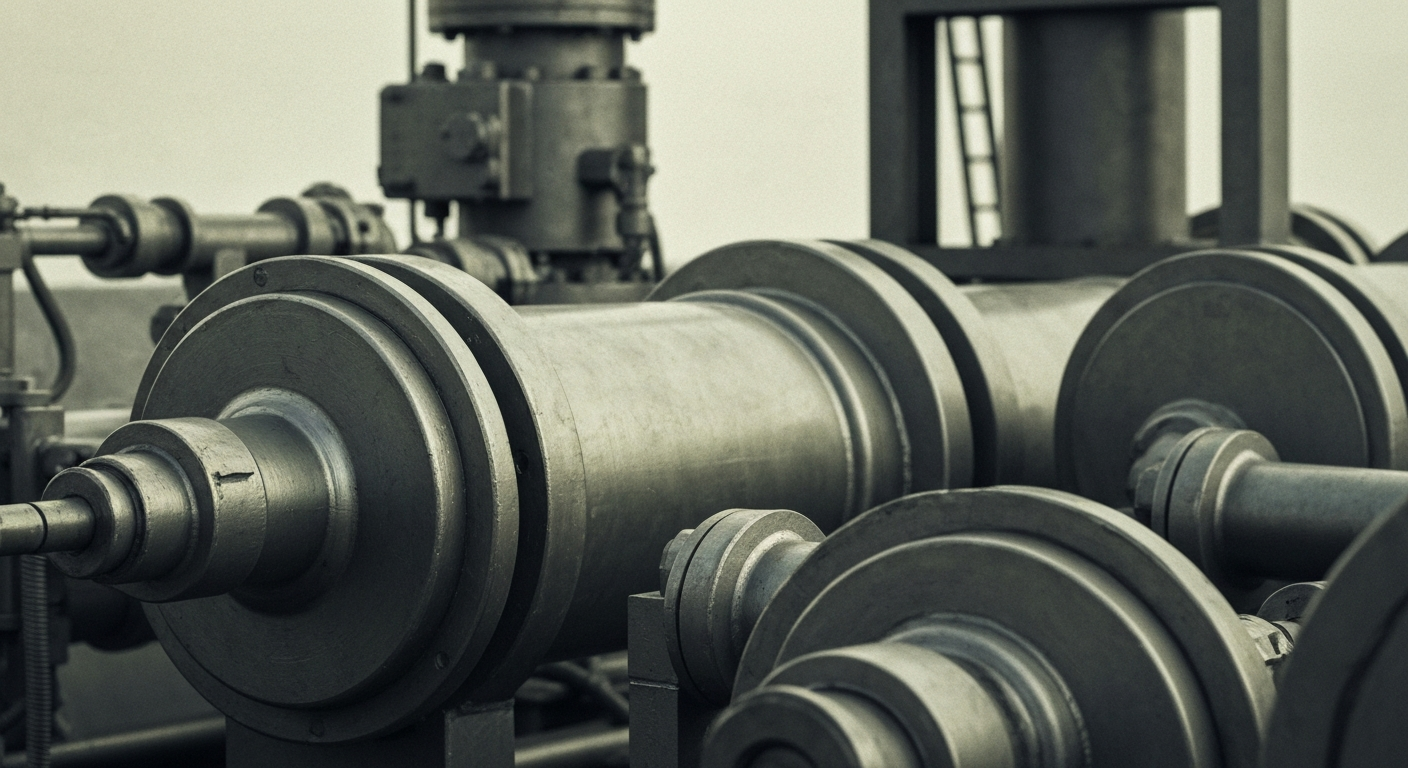 An extreme close-up of intricate, heavy industrial oil and gas machinery, conveying the complex, physical nature of the energy sector.