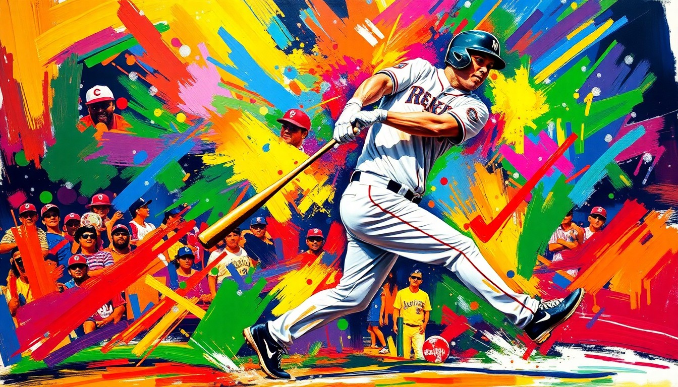 An extreme close-up of Wilson Contreras' batting motion, captured in a vibrant, expressionist style with rapid brushstrokes and neon colors that convey the raw energy and power of the moment.