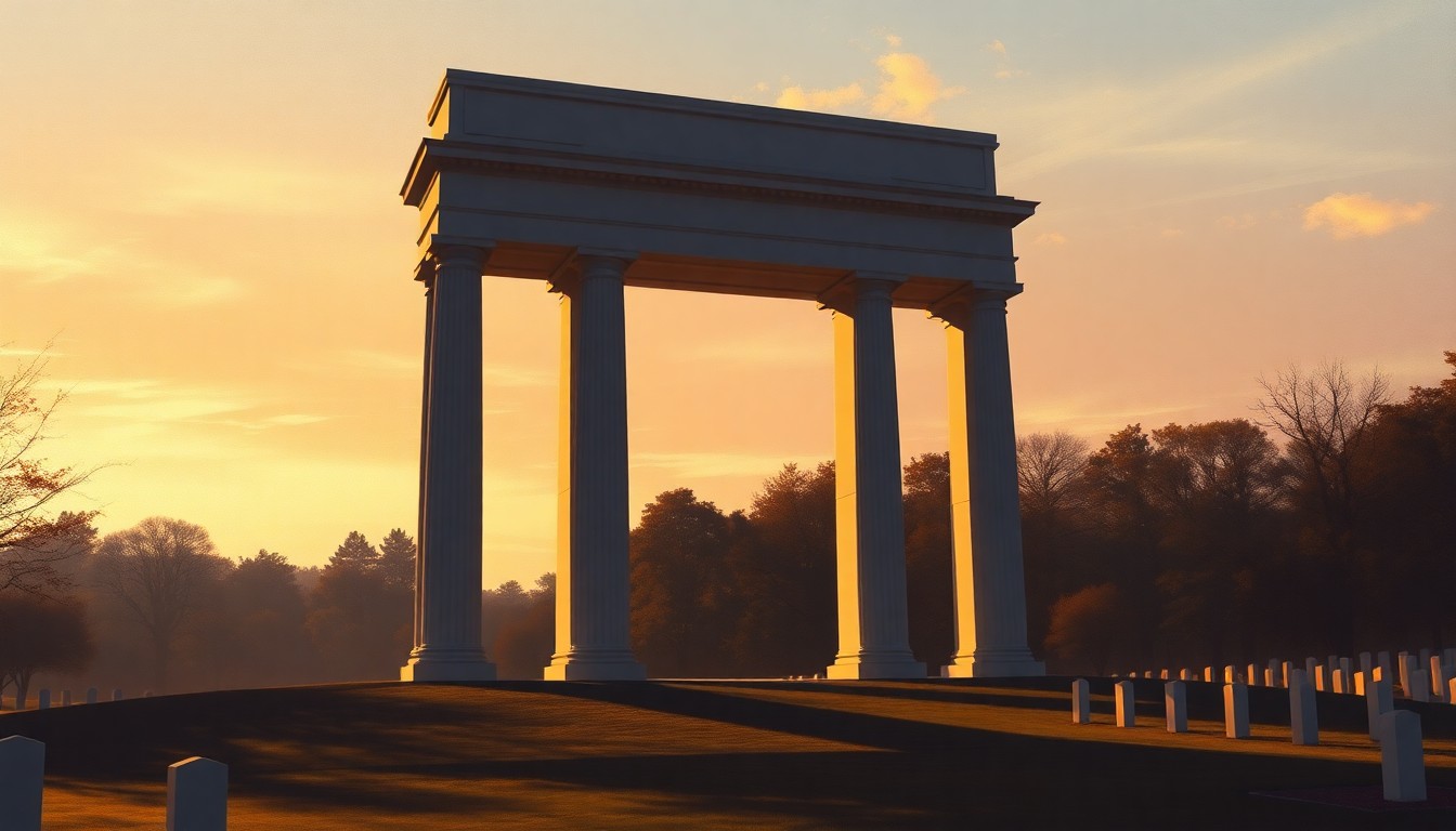 A cinematic painting depicting a towering, solitary triumphal arch standing in the warm, golden light against the backdrop of Arlington National Cemetery's serene landscape, conceptually illustrating the controversy surrounding the proposed monument.