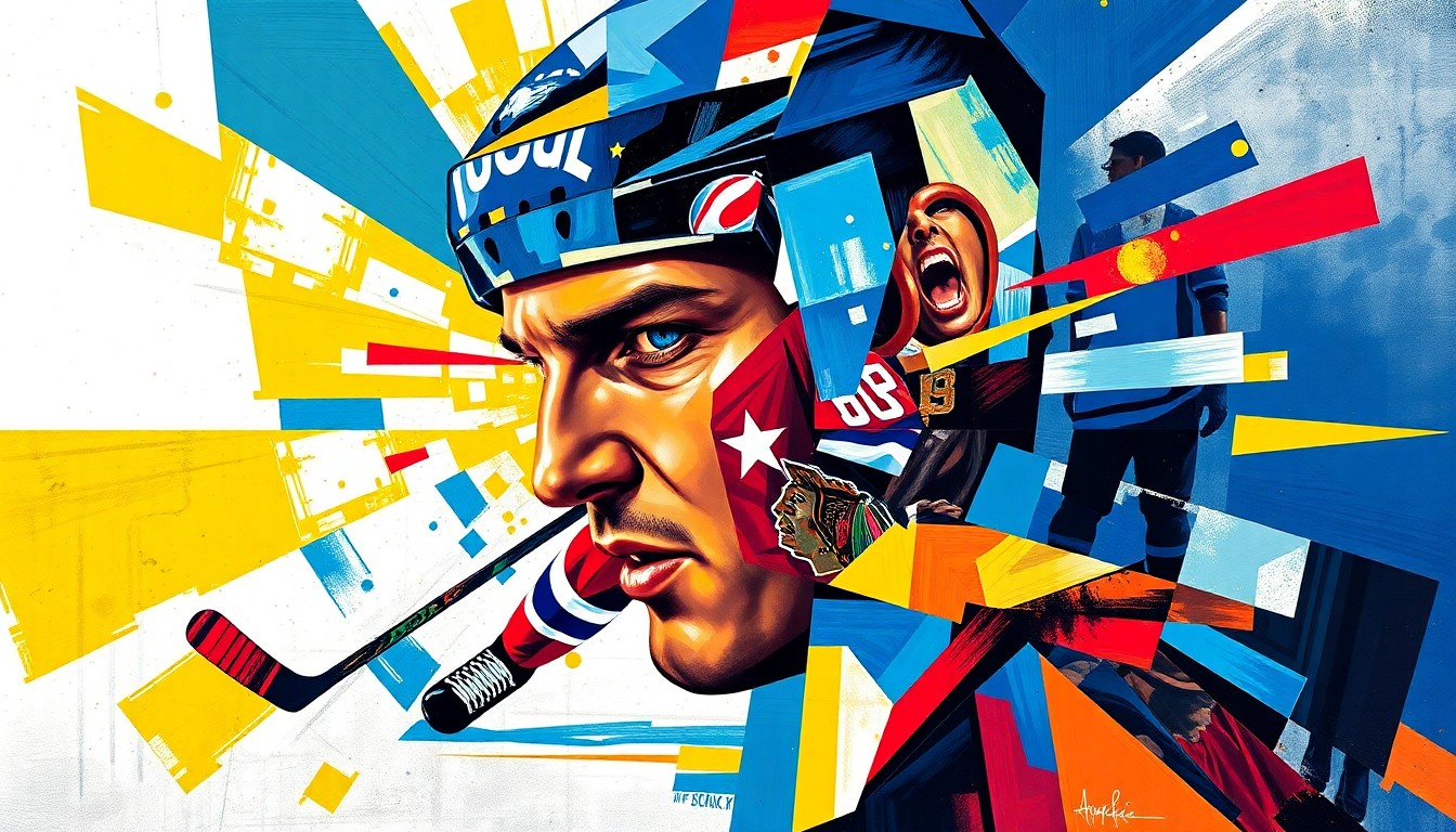 A cubist-style painting depicting Alex Ovechkin's hockey career broken down into sharp, overlapping geometric shapes and planes in a vibrant color palette, capturing the intensity and legacy of the legendary player.