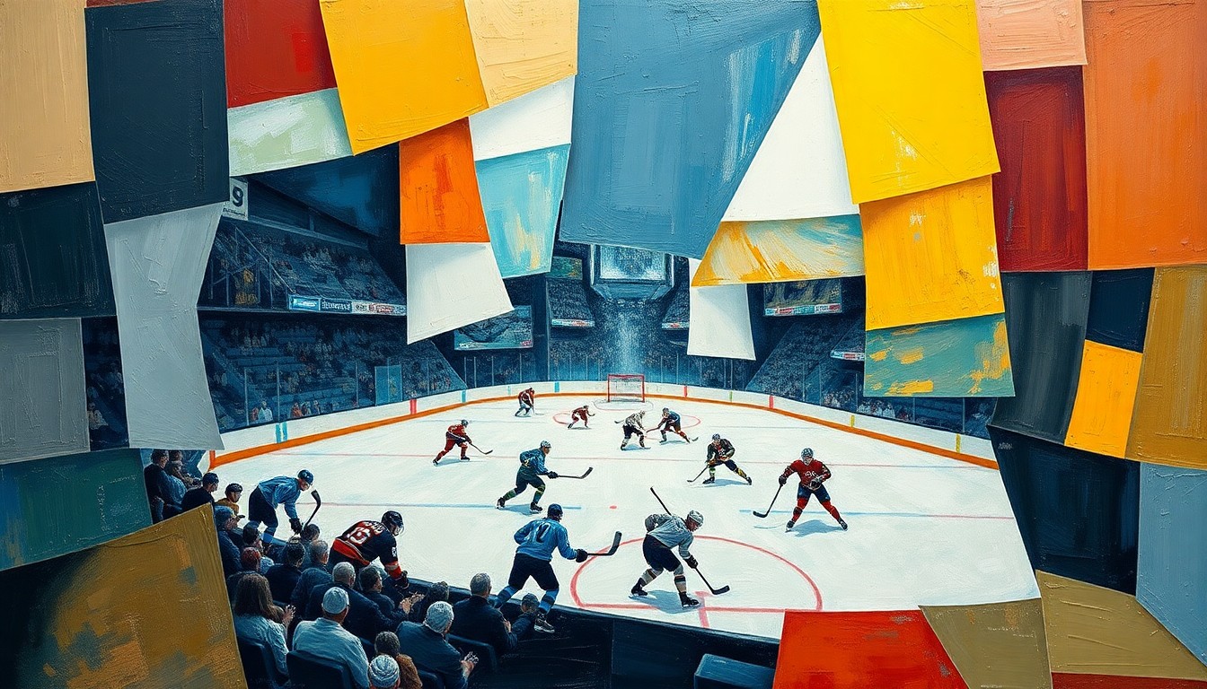 A cubist, geometric painting depicting a hockey game, with players and the rink broken down into sharp, overlapping planes of color and shape, conveying the Bruins' strategic transformation.