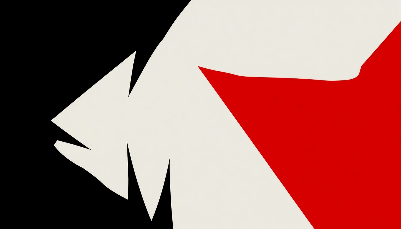 An abstract, minimalist composition of bold, jagged shapes in black, white, and deep red, conceptually representing the ethical tensions and dilemmas at the heart of the Vrabel-Russini photos scandal.